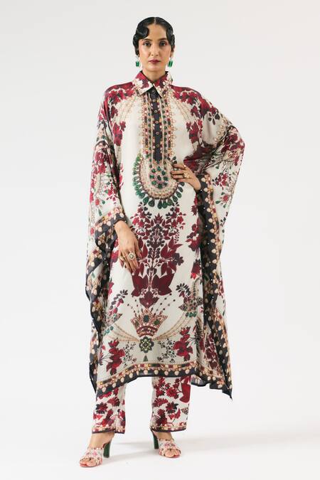 Shop_Rajdeep Ranawat_Ivory Silk Embroidery Collared Sharifa Floral Print Boxy Shirt Kaftan _Online_at_Aza_Fashions