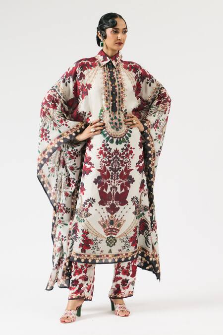 Rajdeep Ranawat_Ivory Silk Embroidery Collared Sharifa Floral Print Boxy Shirt Kaftan _at_Aza_Fashions