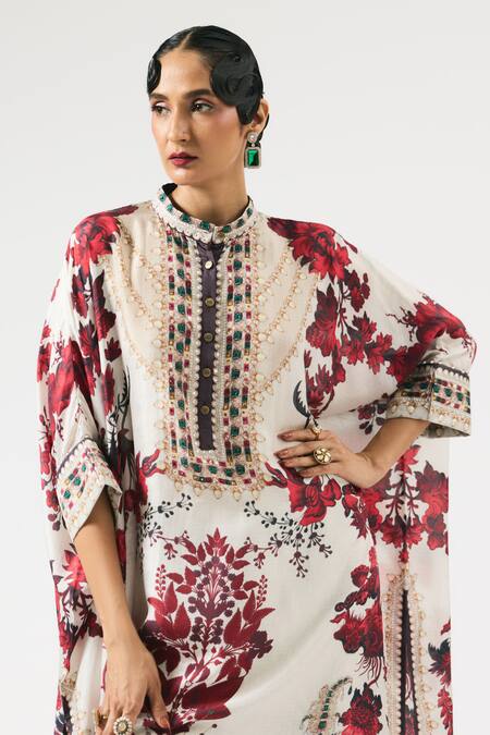 Shop_Rajdeep Ranawat_Ivory Silk Beads, Embroidery Bandeau Neck Chanetelle Floral Print Tunic _Online_at_Aza_Fashions