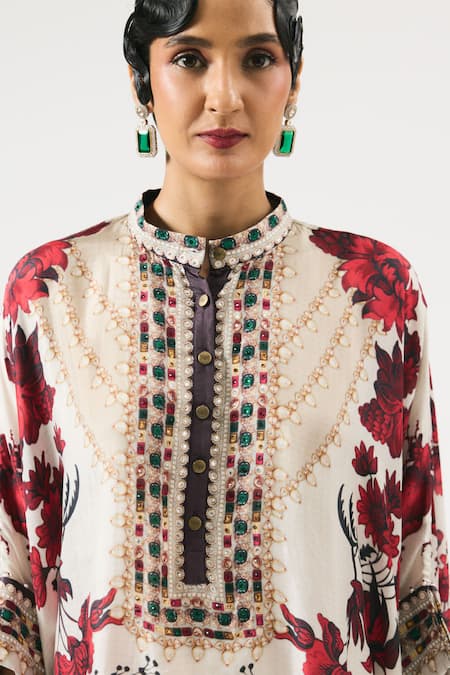 Rajdeep Ranawat_Ivory Silk Beads, Embroidery Bandeau Neck Chanetelle Floral Print Tunic _at_Aza_Fashions