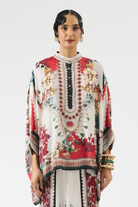 Rajdeep Ranawat Ivory Silk Embroidery, Beads Bandeau Neck Floral Print Short Tunic Online at Aza Fashions Rajdeep Ranawat_Ivory Silk Embroidery, Beads Bandeau Neck Floral Print Short Tunic _Online_at_Aza_Fashions