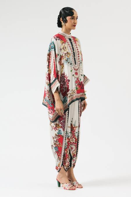 Shop Rajdeep Ranawat Ivory Silk Embroidery, Beads Bandeau Neck Floral Print Short Tunic Online at Aza Fashions Shop_Rajdeep Ranawat_Ivory Silk Embroidery, Beads Bandeau Neck Floral Print Short Tunic _Online_at_Aza_Fashions