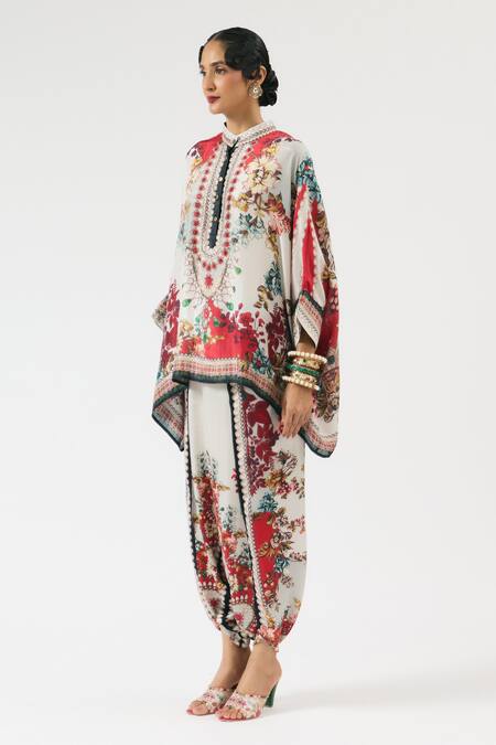 Rajdeep Ranawat Ivory Silk Embroidery, Beads Bandeau Neck Floral Print Short Tunic at Aza Fashions Rajdeep Ranawat_Ivory Silk Embroidery, Beads Bandeau Neck Floral Print Short Tunic _at_Aza_Fashions