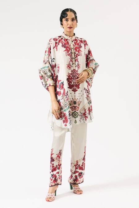 Rajdeep Ranawat Ivory Silk Embroidery, Beads Bandeau Neck Mabel Floral Print Work Tunic Online at Aza Fashions Rajdeep Ranawat_Ivory Silk Embroidery, Beads Bandeau Neck Mabel Floral Print Work Tunic _Online_at_Aza_Fashions