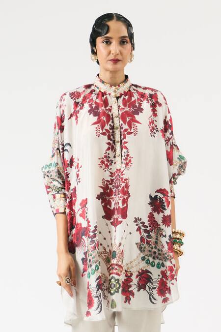 Buy Rajdeep Ranawat Ivory Silk Embroidery, Beads Bandeau Neck Mabel Floral Print Work Tunic Online at Aza Fashions Buy_Rajdeep Ranawat_Ivory Silk Embroidery, Beads Bandeau Neck Mabel Floral Print Work Tunic _Online_at_Aza_Fashions