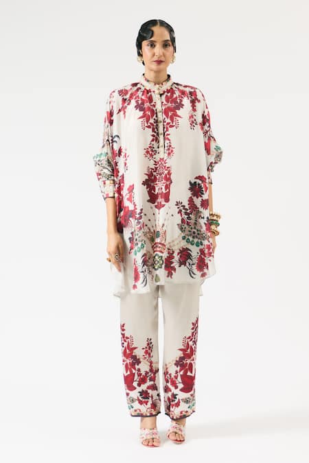 Shop Rajdeep Ranawat Ivory Silk Embroidery, Beads Bandeau Neck Mabel Floral Print Work Tunic Online at Aza Fashions Shop_Rajdeep Ranawat_Ivory Silk Embroidery, Beads Bandeau Neck Mabel Floral Print Work Tunic _Online_at_Aza_Fashions