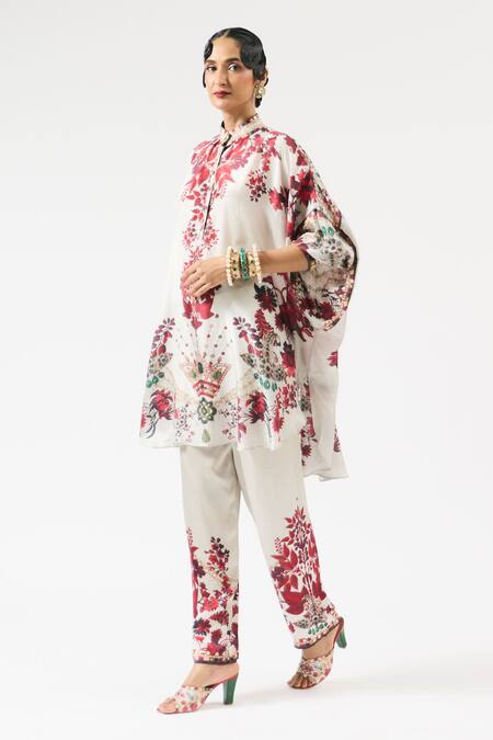 Rajdeep Ranawat Ivory Silk Embroidery, Beads Bandeau Neck Mabel Floral Print Work Tunic at Aza Fashions Rajdeep Ranawat_Ivory Silk Embroidery, Beads Bandeau Neck Mabel Floral Print Work Tunic _at_Aza_Fashions