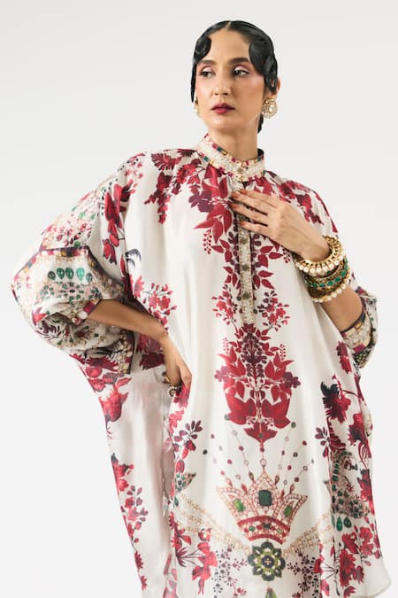 Buy Rajdeep Ranawat Ivory Silk Embroidery, Beads Bandeau Neck Mabel Floral Print Work Tunic Buy_Rajdeep Ranawat_Ivory Silk Embroidery, Beads Bandeau Neck Mabel Floral Print Work Tunic