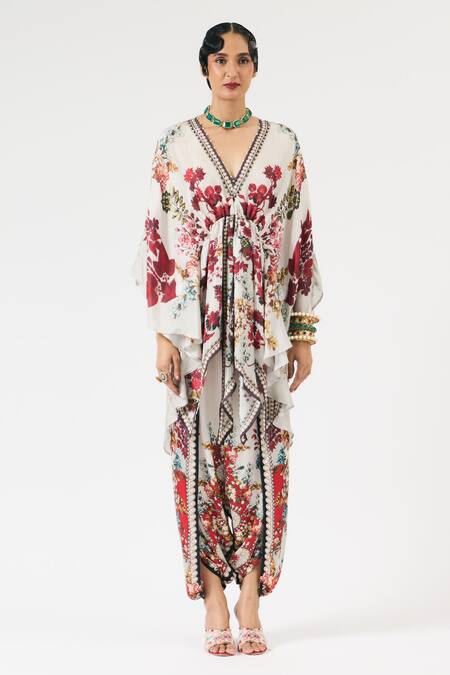 Rajdeep Ranawat_Ivory Silk Beads V-neck Inayat Floral Print Kaftan Dress _Online_at_Aza_Fashions