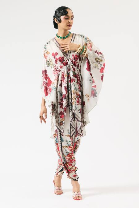 Buy_Rajdeep Ranawat_Ivory Silk Beads V-neck Inayat Floral Print Kaftan Dress _Online_at_Aza_Fashions