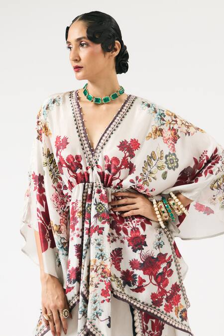 Rajdeep Ranawat_Ivory Silk Beads V-neck Inayat Floral Print Kaftan Dress _at_Aza_Fashions