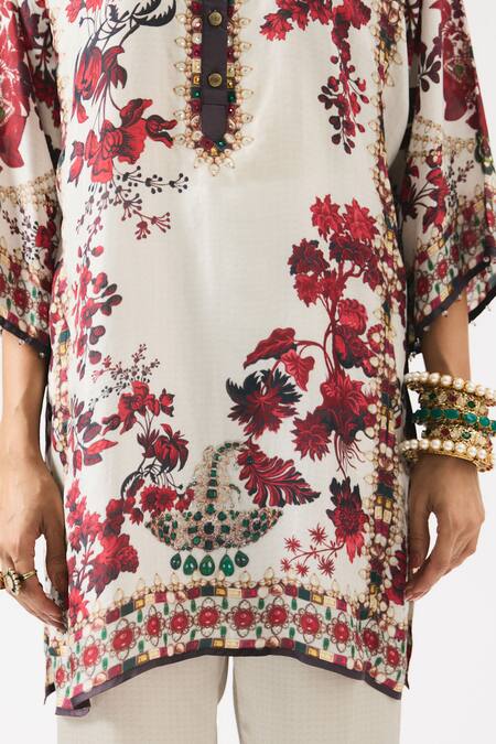 Rajdeep Ranawat_Ivory Silk Embroidery Mandarin Collar Ghazal Floral Print Tunic _Online_at_Aza_Fashions