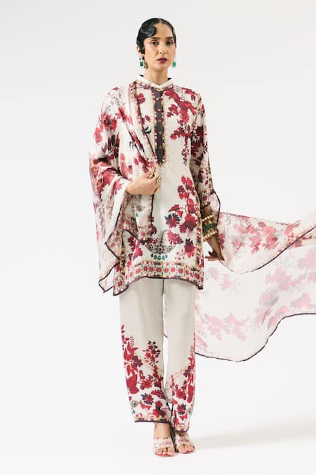 Buy_Rajdeep Ranawat_Ivory Silk Embroidery Mandarin Collar Ghazal Floral Print Tunic _Online_at_Aza_Fashions
