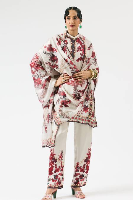 Shop_Rajdeep Ranawat_Ivory Silk Embroidery Mandarin Collar Ghazal Floral Print Tunic _Online_at_Aza_Fashions