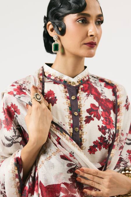 Rajdeep Ranawat_Ivory Silk Embroidery Mandarin Collar Ghazal Floral Print Tunic _at_Aza_Fashions