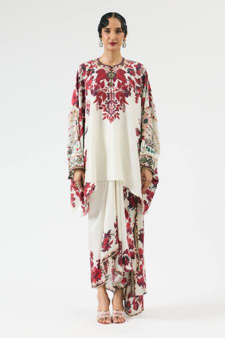 Rajdeep Ranawat_Ivory Silk, Modal Embroidery Round Neck Insha Floral Print Top With Draped Skirt _Online_at_Aza_Fashions