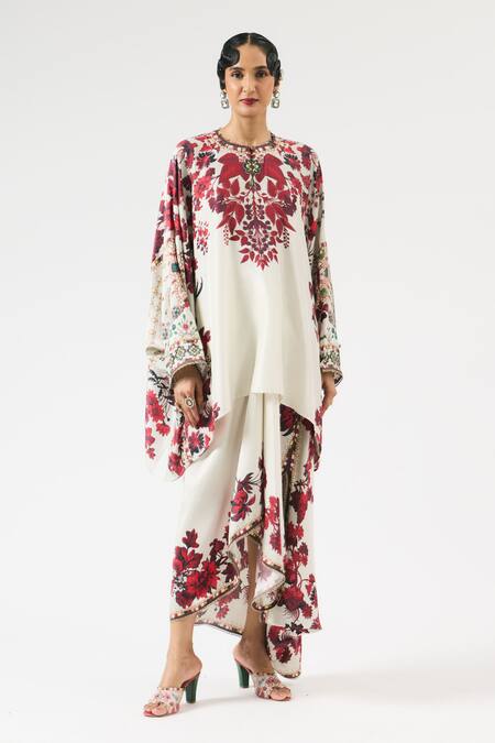 Buy_Rajdeep Ranawat_Ivory Silk, Modal Embroidery Round Neck Insha Floral Print Top With Draped Skirt _Online_at_Aza_Fashions