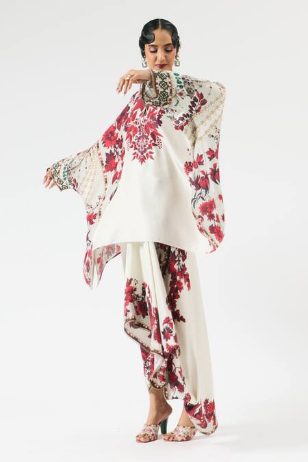 Shop_Rajdeep Ranawat_Ivory Silk, Modal Embroidery Round Neck Insha Floral Print Top With Draped Skirt _Online_at_Aza_Fashions