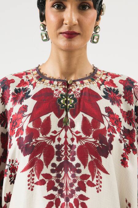 Rajdeep Ranawat_Ivory Silk, Modal Embroidery Round Neck Insha Floral Print Top With Draped Skirt _at_Aza_Fashions