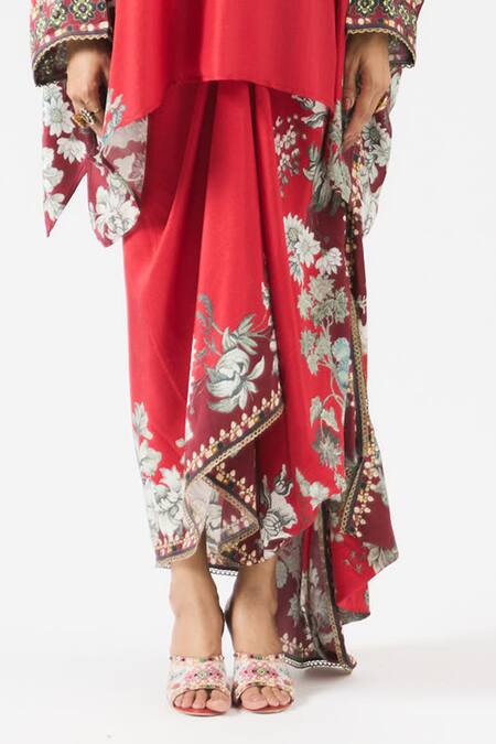 Rajdeep Ranawat_Red Silk, Modal Embroidery Round Insha Ornamental Print Top With Draped Skirt _Online_at_Aza_Fashions