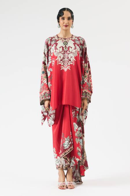 Buy_Rajdeep Ranawat_Red Silk, Modal Embroidery Round Insha Ornamental Print Top With Draped Skirt _Online_at_Aza_Fashions