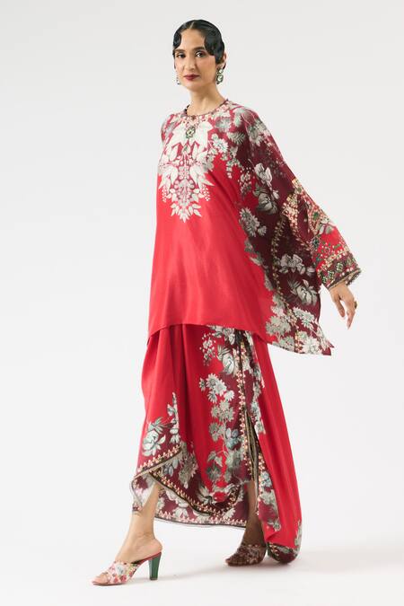 Shop_Rajdeep Ranawat_Red Silk, Modal Embroidery Round Insha Ornamental Print Top With Draped Skirt _Online_at_Aza_Fashions