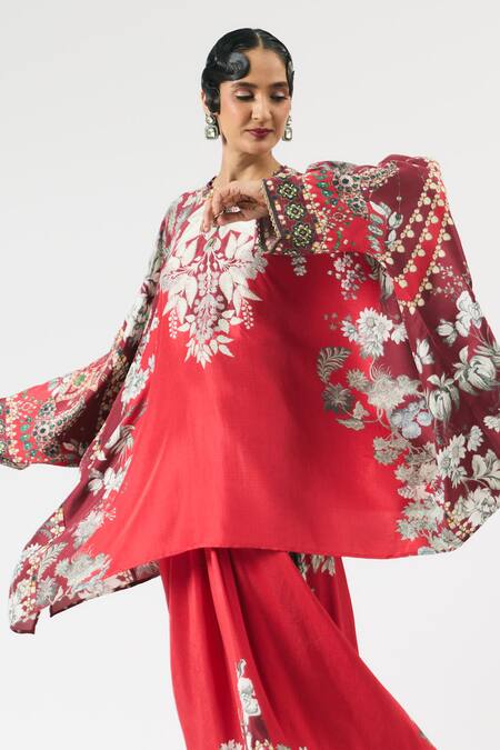 Rajdeep Ranawat_Red Silk, Modal Embroidery Round Insha Ornamental Print Top With Draped Skirt _at_Aza_Fashions