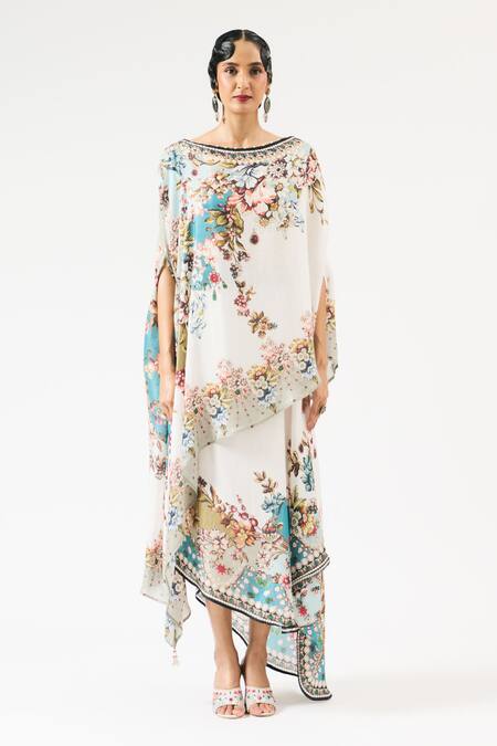 Rajdeep Ranawat_Ivory Silk Embroidery Boat Neck Kamini Floral Print Top With Skirt _Online_at_Aza_Fashions