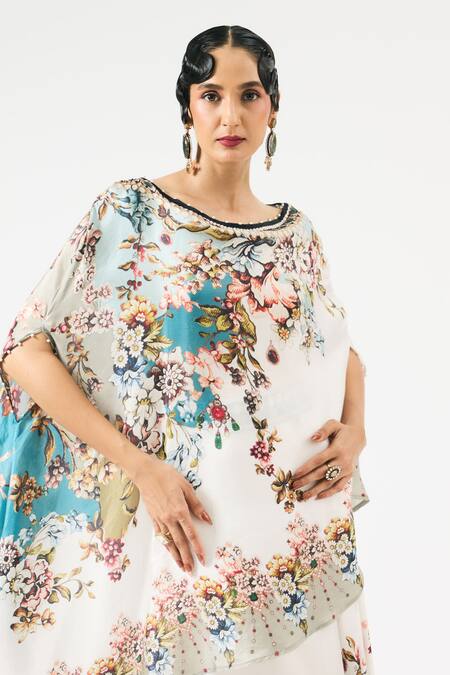Buy_Rajdeep Ranawat_Ivory Silk Embroidery Boat Neck Kamini Floral Print Top With Skirt _Online_at_Aza_Fashions
