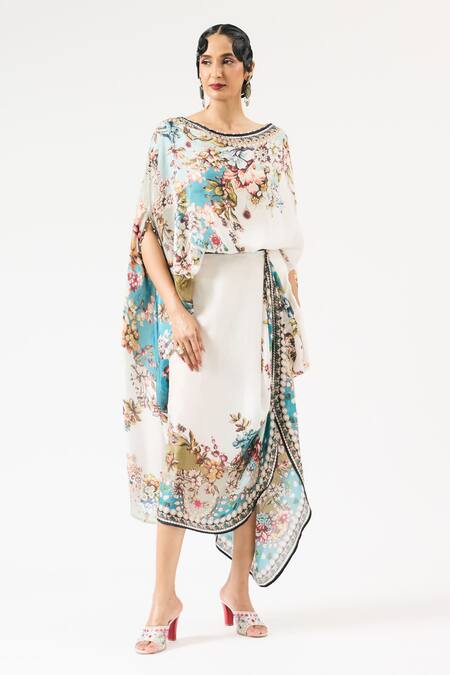 Rajdeep Ranawat_Ivory Silk Embroidery Boat Neck Kamini Floral Print Top With Skirt _at_Aza_Fashions