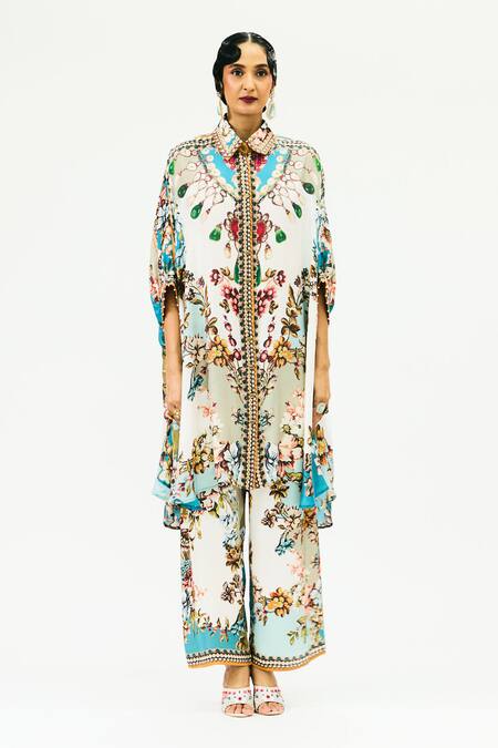 Rajdeep Ranawat_Ivory Silk Embroidery Collared Kamara Ornamental Print Tunic _Online_at_Aza_Fashions