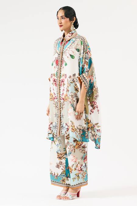 Buy_Rajdeep Ranawat_Ivory Silk Embroidery Collared Kamara Ornamental Print Tunic _Online_at_Aza_Fashions