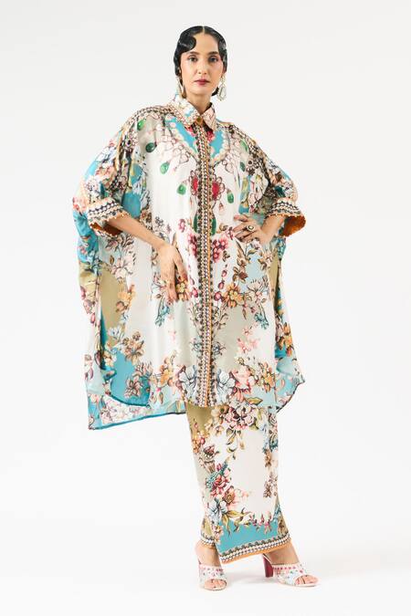 Shop_Rajdeep Ranawat_Ivory Silk Embroidery Collared Kamara Ornamental Print Tunic _Online_at_Aza_Fashions