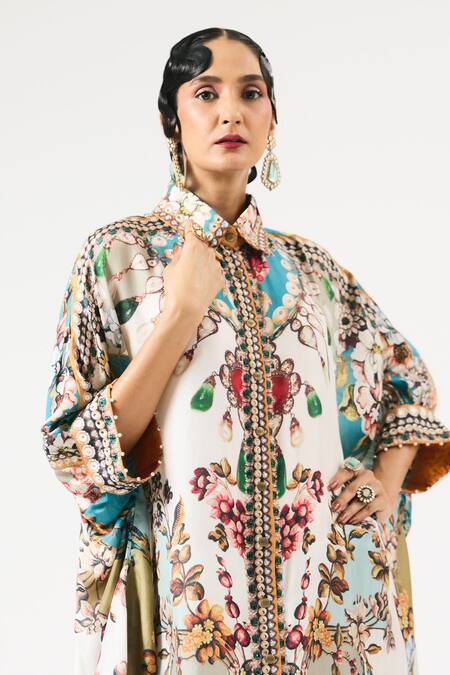 Rajdeep Ranawat_Ivory Silk Embroidery Collared Kamara Ornamental Print Tunic _at_Aza_Fashions