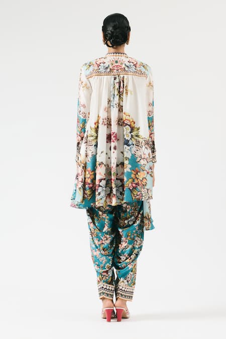 Shop_Rajdeep Ranawat_Ivory Silk Embroidery Bandeau Neck Nilofer Ornamental Print Tunic _at_Aza_Fashions