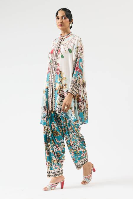 Rajdeep Ranawat_Ivory Silk Embroidery Bandeau Neck Nilofer Ornamental Print Tunic _Online_at_Aza_Fashions