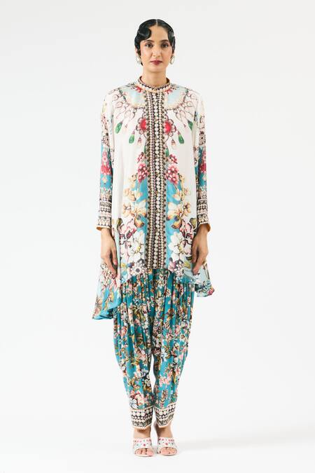 Buy_Rajdeep Ranawat_Ivory Silk Embroidery Bandeau Neck Nilofer Ornamental Print Tunic _Online_at_Aza_Fashions