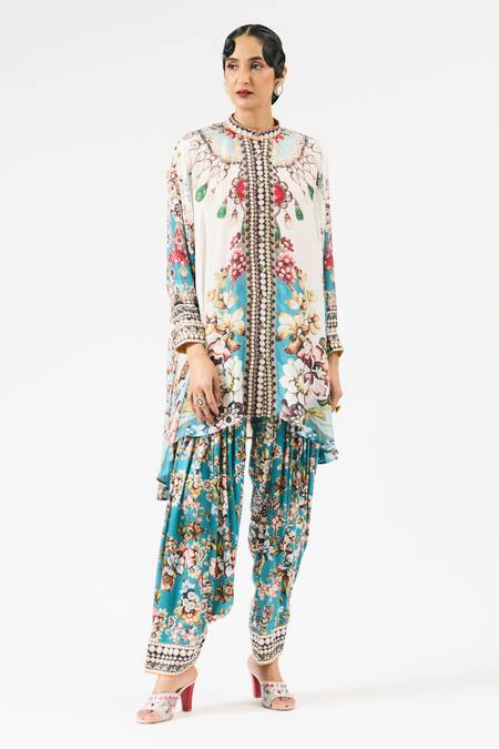 Shop_Rajdeep Ranawat_Ivory Silk Embroidery Bandeau Neck Nilofer Ornamental Print Tunic _Online_at_Aza_Fashions