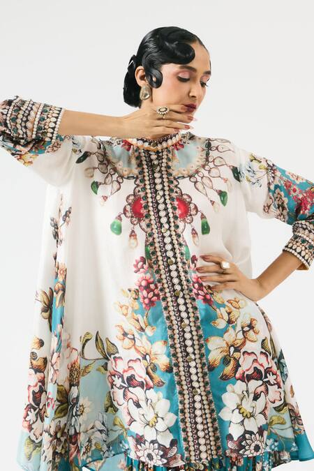 Rajdeep Ranawat_Ivory Silk Embroidery Bandeau Neck Nilofer Ornamental Print Tunic _at_Aza_Fashions