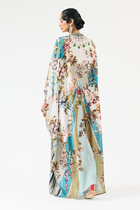 Shop Rajdeep Ranawat Ivory Silk Crystals, Embroidery V-neck Imama Floral Print Kaftan at Aza Fashions Shop_Rajdeep Ranawat_Ivory Silk Crystals, Embroidery V-neck Imama Floral Print Kaftan _at_Aza_Fashions