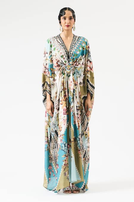 Rajdeep Ranawat Ivory Silk Crystals, Embroidery V-neck Imama Floral Print Kaftan Online at Aza Fashions Rajdeep Ranawat_Ivory Silk Crystals, Embroidery V-neck Imama Floral Print Kaftan _Online_at_Aza_Fashions