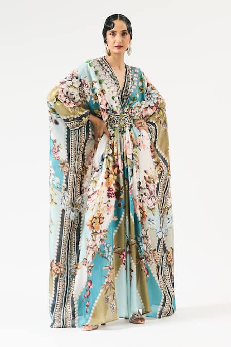 Buy Rajdeep Ranawat Ivory Silk Crystals, Embroidery V-neck Imama Floral Print Kaftan Online at Aza Fashions Buy_Rajdeep Ranawat_Ivory Silk Crystals, Embroidery V-neck Imama Floral Print Kaftan _Online_at_Aza_Fashions