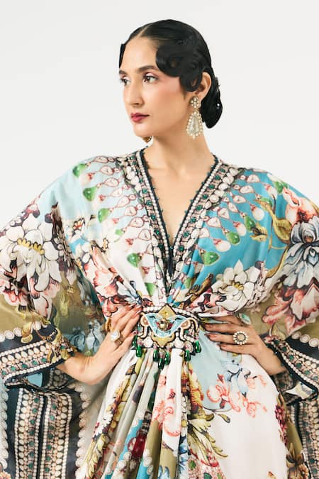 Shop Rajdeep Ranawat Ivory Silk Crystals, Embroidery V-neck Imama Floral Print Kaftan Online at Aza Fashions Shop_Rajdeep Ranawat_Ivory Silk Crystals, Embroidery V-neck Imama Floral Print Kaftan _Online_at_Aza_Fashions