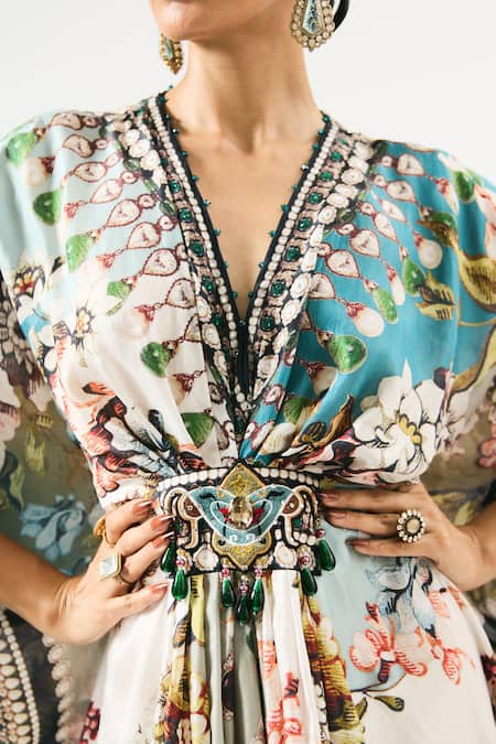 Rajdeep Ranawat Ivory Silk Crystals, Embroidery V-neck Imama Floral Print Kaftan at Aza Fashions Rajdeep Ranawat_Ivory Silk Crystals, Embroidery V-neck Imama Floral Print Kaftan _at_Aza_Fashions