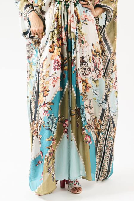 Buy Rajdeep Ranawat Ivory Silk Crystals, Embroidery V-neck Imama Floral Print Kaftan Buy_Rajdeep Ranawat_Ivory Silk Crystals, Embroidery V-neck Imama Floral Print Kaftan
