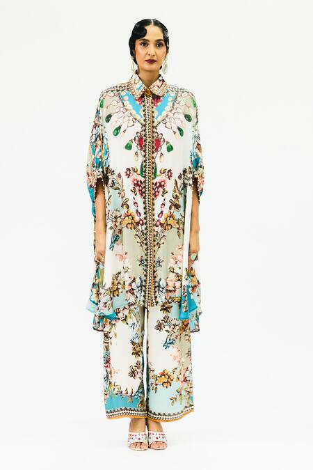 Rajdeep Ranawat_Ivory Modal Embroidery Permaz Floral Print Pant _Online_at_Aza_Fashions