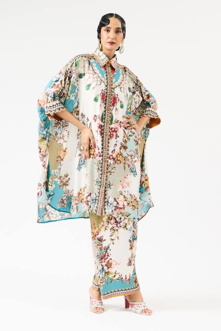 Shop_Rajdeep Ranawat_Ivory Modal Embroidery Permaz Floral Print Pant _Online_at_Aza_Fashions