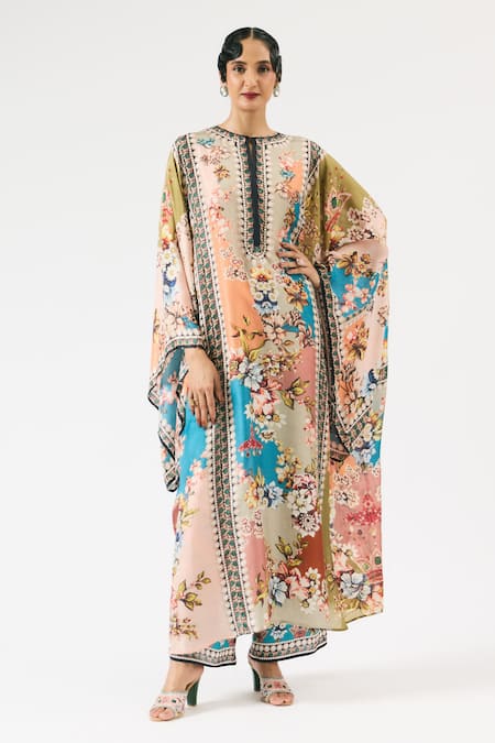 Rajdeep Ranawat Blue Silk Printed Floral Round Beatrice Kaftan 