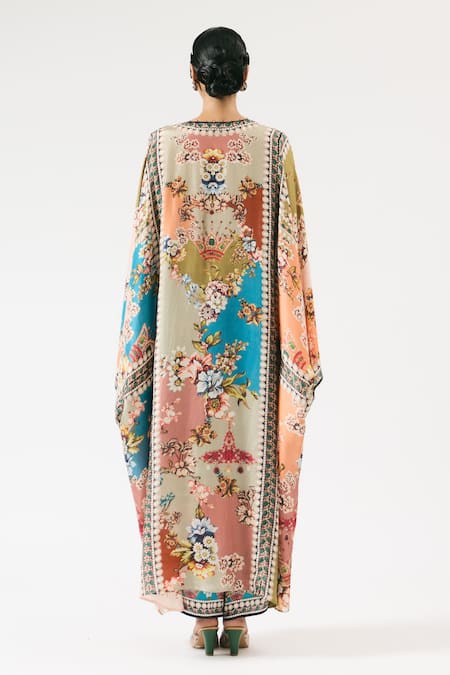 Shop_Rajdeep Ranawat_Blue Silk Round Neck Beatrice Floral Print Kaftan _at_Aza_Fashions