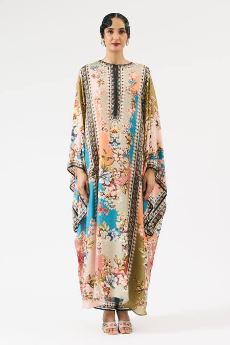 Rajdeep Ranawat_Blue Silk Round Neck Beatrice Floral Print Kaftan _Online_at_Aza_Fashions
